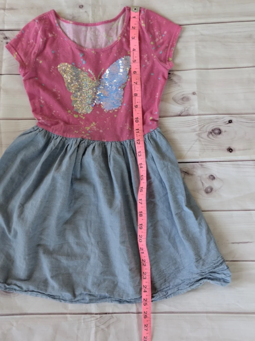 Children's Place Girl's Dress Pink Cotton Blue Butterfly - Medium 7/8 Sequin - Picture 8 of 12